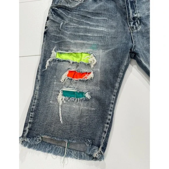 SMOKE RISE Denim Shorts Men Size 46 Distressed Neon Patch Frayed Hem 100 - Picture 11 of 12